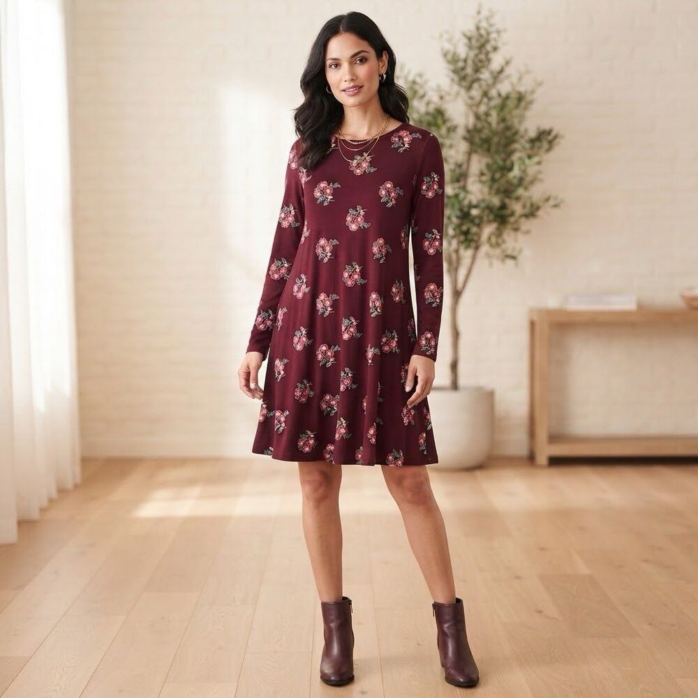 Old Navy burgundy floral rayon blend long sleeve dress